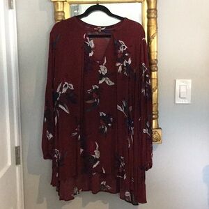 Free People mini dress burgundy floral v neck with button strap on neck line